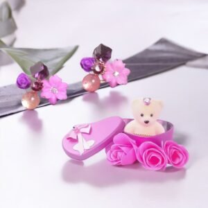 Stud Earring With Pink Teddy Bear Gift Combo Set