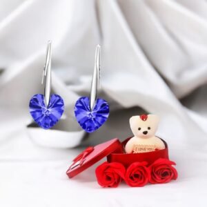 Heart Stud Drop Earrings With Red Teddy Bear Gift Combo Set