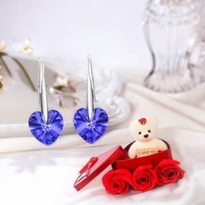 Heart Stud Drop Earrings With Red Teddy Bear Gift Combo Set