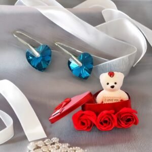 Heart Stud Drop Earrings With Red Teddy Bear Gift Combo Set